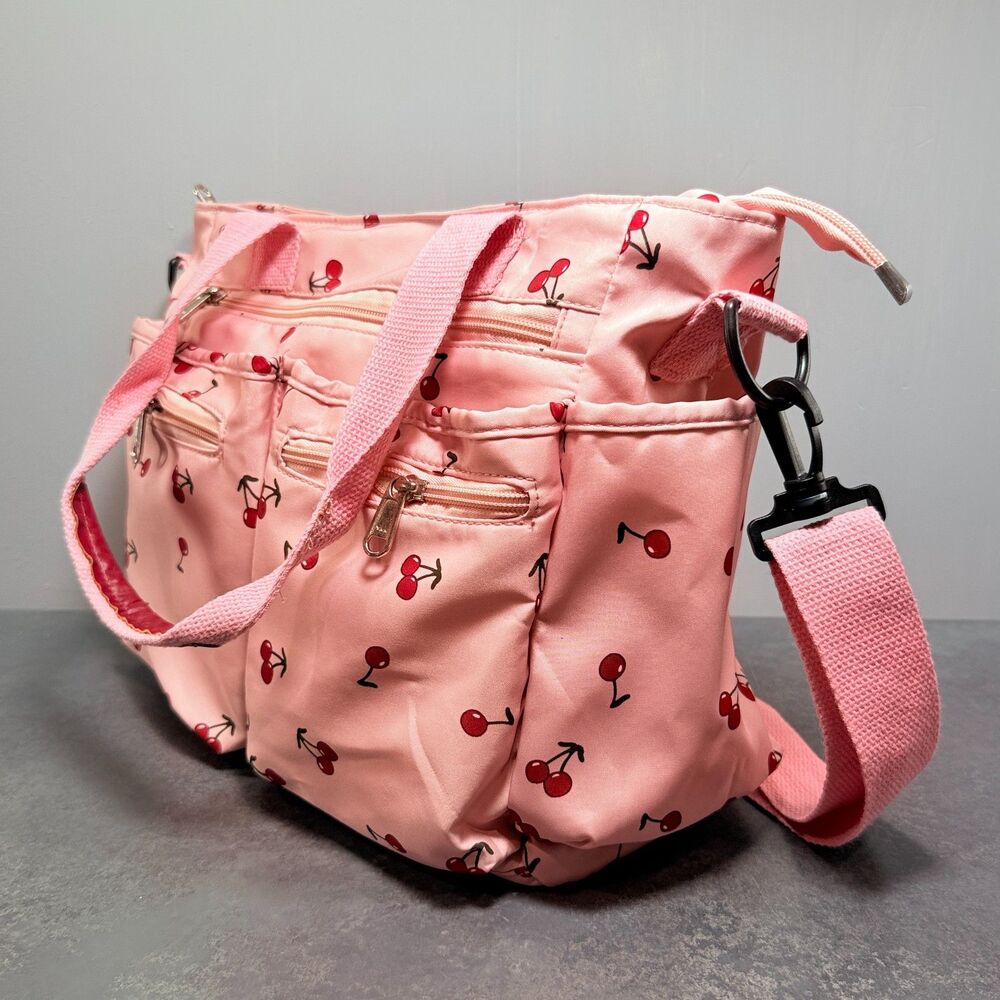 Pink Mini Cherries Crossbody Shoulder Bag 10 Pocket Travel Organizer Large